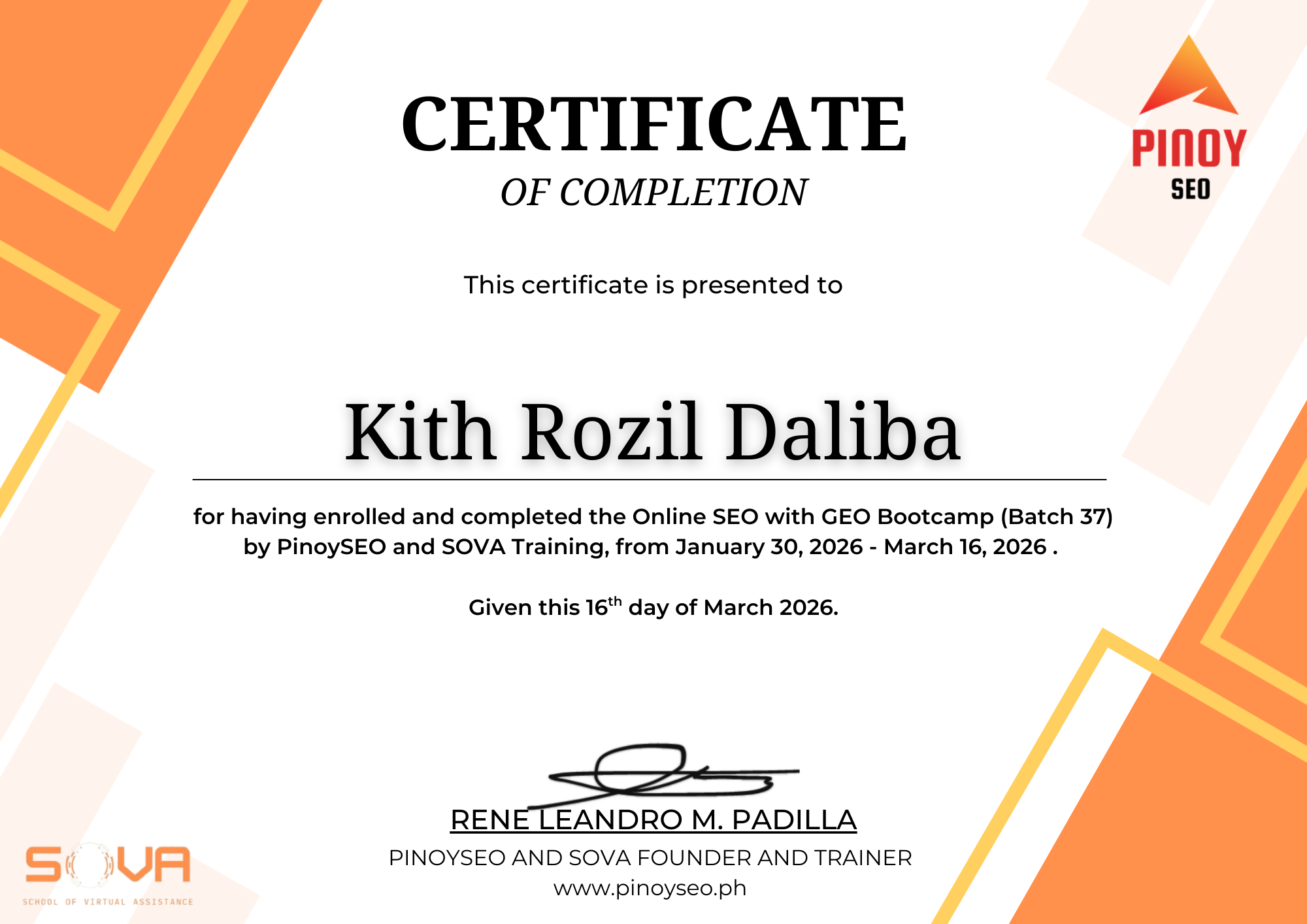 Certification PinoySeo.ph Graduate